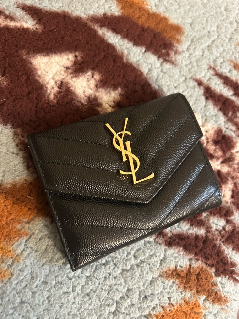 Yves Saint Laurent Black Chevron Leather Card Wallet with Gold YSL